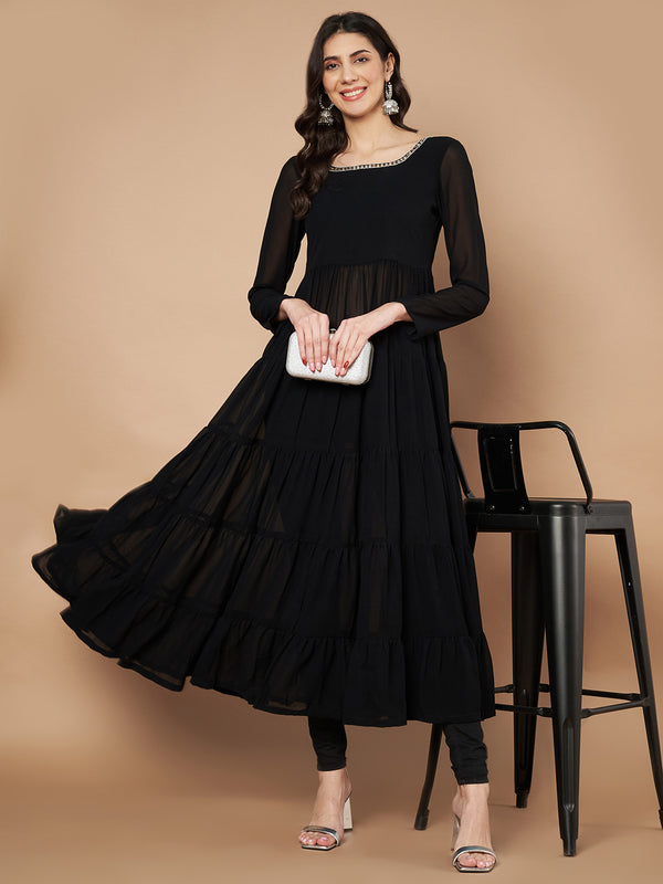Poshak Hub Women Black Georgette Hand Embroidery Tiered Anarkali Kurta