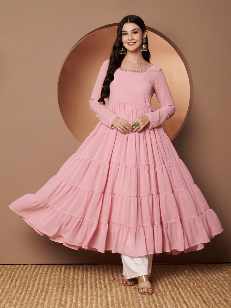 Poshak Hub Women Peach Georgette Hand Embroidery Tiered Anarkali Kurta