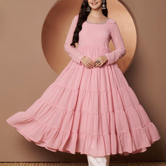 Poshak Hub Women Peach Georgette Hand Embroidery Tiered Anarkali Kurta