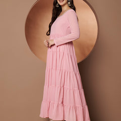 Poshak Hub Women Peach Georgette Hand Embroidery Tiered Anarkali Kurta