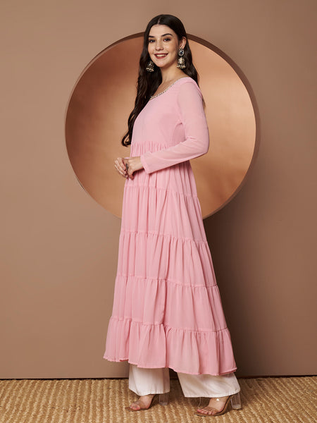 Poshak Hub Women Peach Georgette Hand Embroidery Tiered Anarkali Kurta