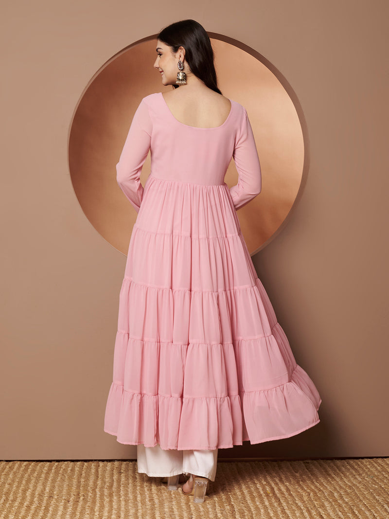 Poshak Hub Women Peach Georgette Hand Embroidery Tiered Anarkali Kurta