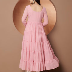 Poshak Hub Women Peach Georgette Hand Embroidery Tiered Anarkali Kurta