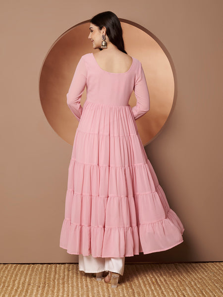 Poshak Hub Women Peach Georgette Hand Embroidery Tiered Anarkali Kurta