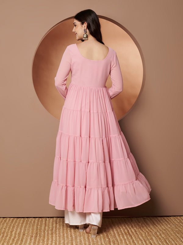 Poshak Hub Women Peach Georgette Hand Embroidery Tiered Anarkali Kurta