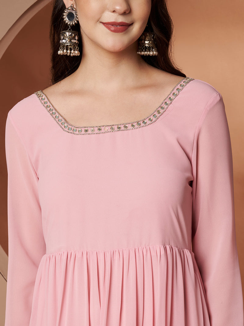 Poshak Hub Women Peach Georgette Hand Embroidery Tiered Anarkali Kurta