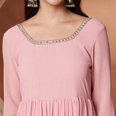 Poshak Hub Women Peach Georgette Hand Embroidery Tiered Anarkali Kurta