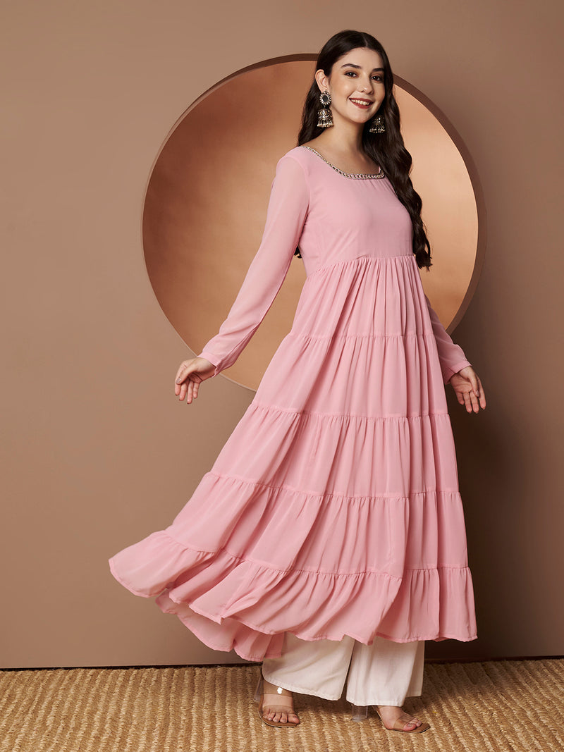 Poshak Hub Women Peach Georgette Hand Embroidery Tiered Anarkali Kurta