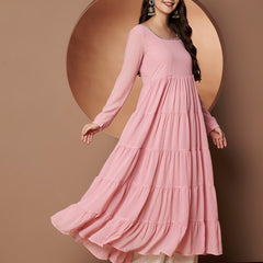 Poshak Hub Women Peach Georgette Hand Embroidery Tiered Anarkali Kurta