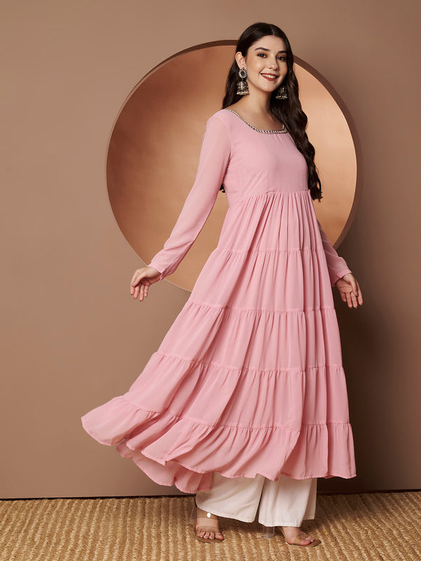 Poshak Hub Women Peach Georgette Hand Embroidery Tiered Anarkali Kurta