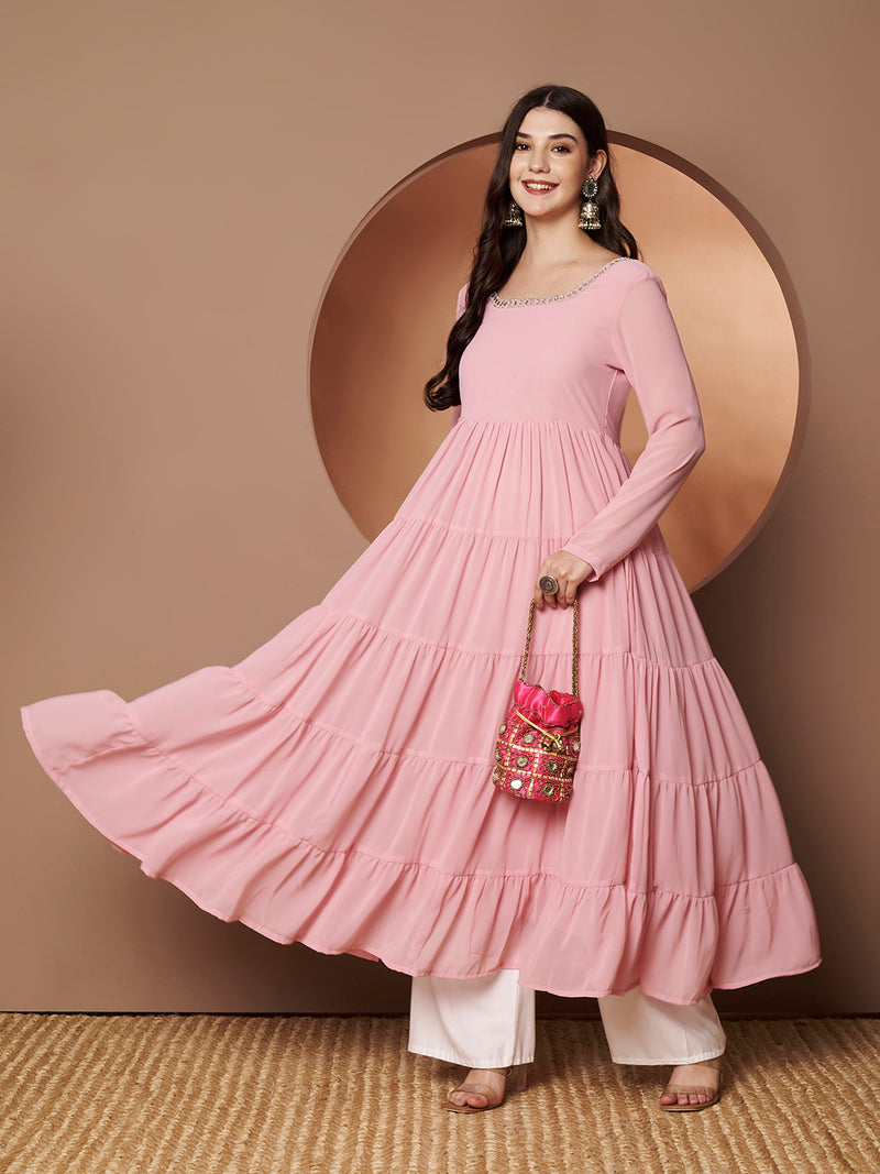 Poshak Hub Women Peach Georgette Hand Embroidery Tiered Anarkali Kurta