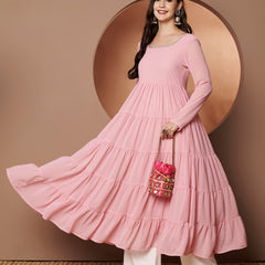 Poshak Hub Women Peach Georgette Hand Embroidery Tiered Anarkali Kurta