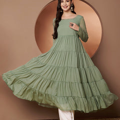 Poshak Hub Women Sea Green Georgette Hand Embroidery Tiered Anarkali Kurta