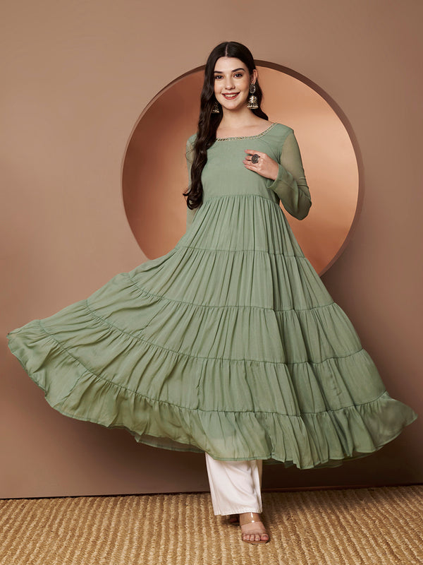 Poshak Hub Women Sea Green Georgette Hand Embroidery Tiered Anarkali Kurta