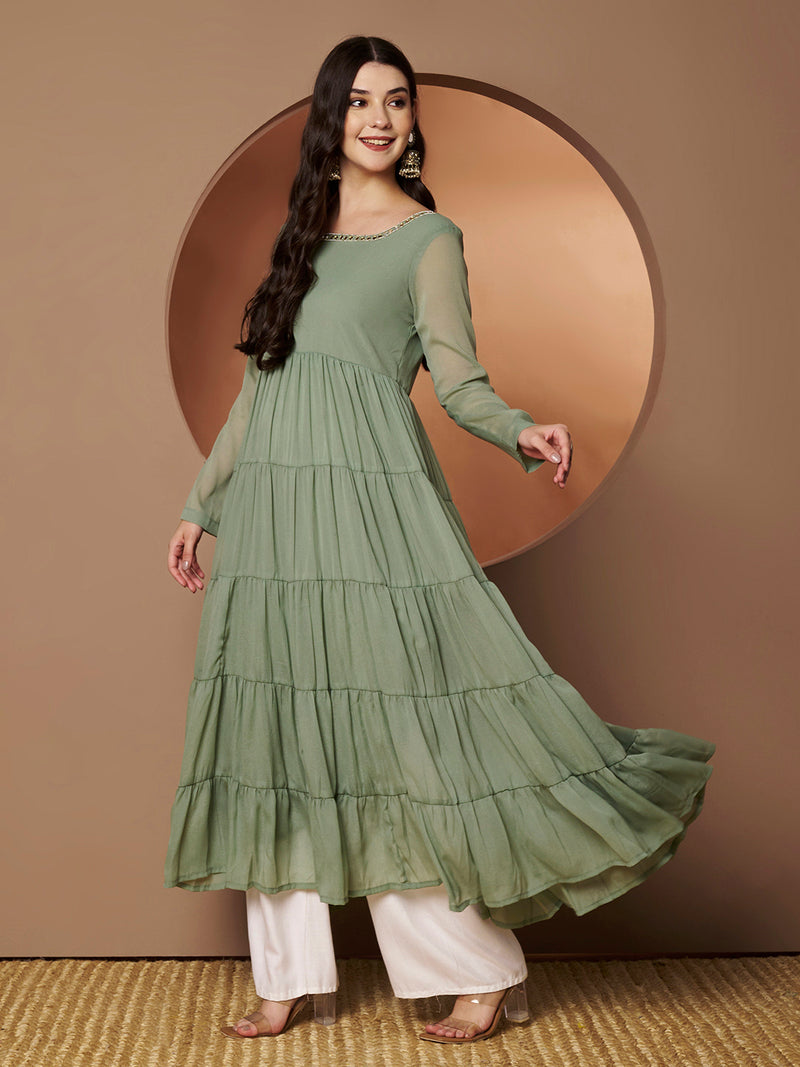 Poshak Hub Women Sea Green Georgette Hand Embroidery Tiered Anarkali Kurta