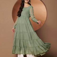 Poshak Hub Women Sea Green Georgette Hand Embroidery Tiered Anarkali Kurta