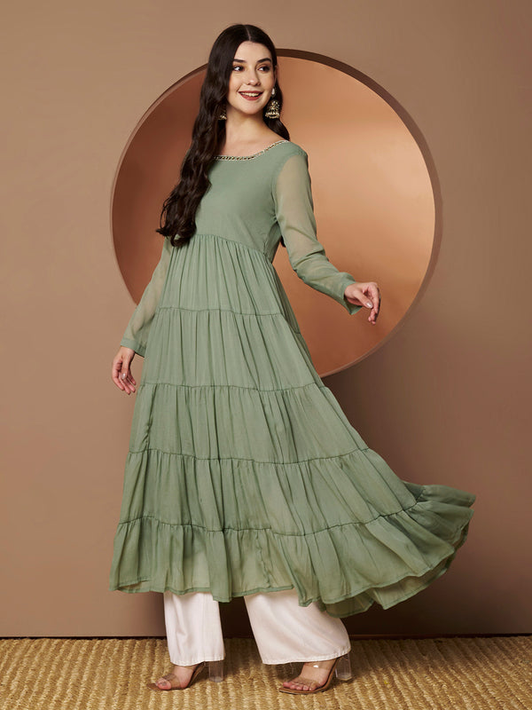 Poshak Hub Women Sea Green Georgette Hand Embroidery Tiered Anarkali Kurta