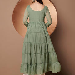 Poshak Hub Women Sea Green Georgette Hand Embroidery Tiered Anarkali Kurta