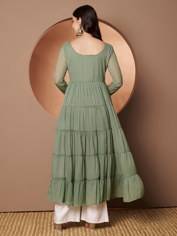 Poshak Hub Women Sea Green Georgette Hand Embroidery Tiered Anarkali Kurta