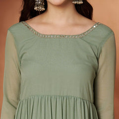 Poshak Hub Women Sea Green Georgette Hand Embroidery Tiered Anarkali Kurta