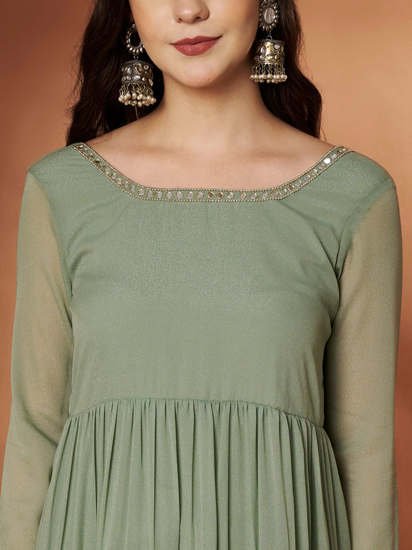 Poshak Hub Women Sea Green Georgette Hand Embroidery Tiered Anarkali Kurta