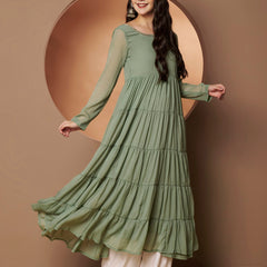 Poshak Hub Women Sea Green Georgette Hand Embroidery Tiered Anarkali Kurta