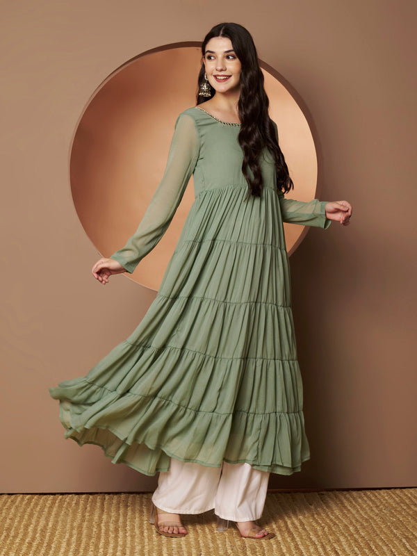 Poshak Hub Women Sea Green Georgette Hand Embroidery Tiered Anarkali Kurta