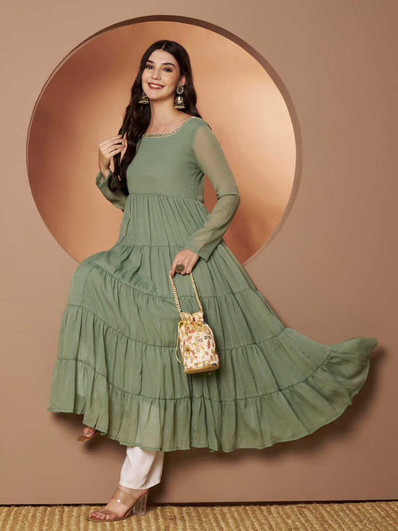 Poshak Hub Women Sea Green Georgette Hand Embroidery Tiered Anarkali Kurta