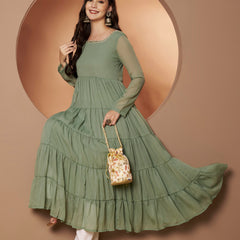 Poshak Hub Women Sea Green Georgette Hand Embroidery Tiered Anarkali Kurta