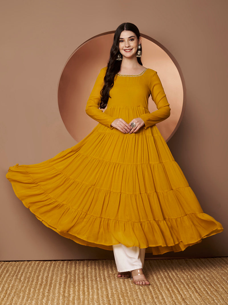 Poshak Hub Women Yellow Georgette Hand Embroidery Tiered Anarkali Kurta
