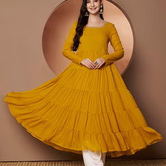 Poshak Hub Women Yellow Georgette Hand Embroidery Tiered Anarkali Kurta