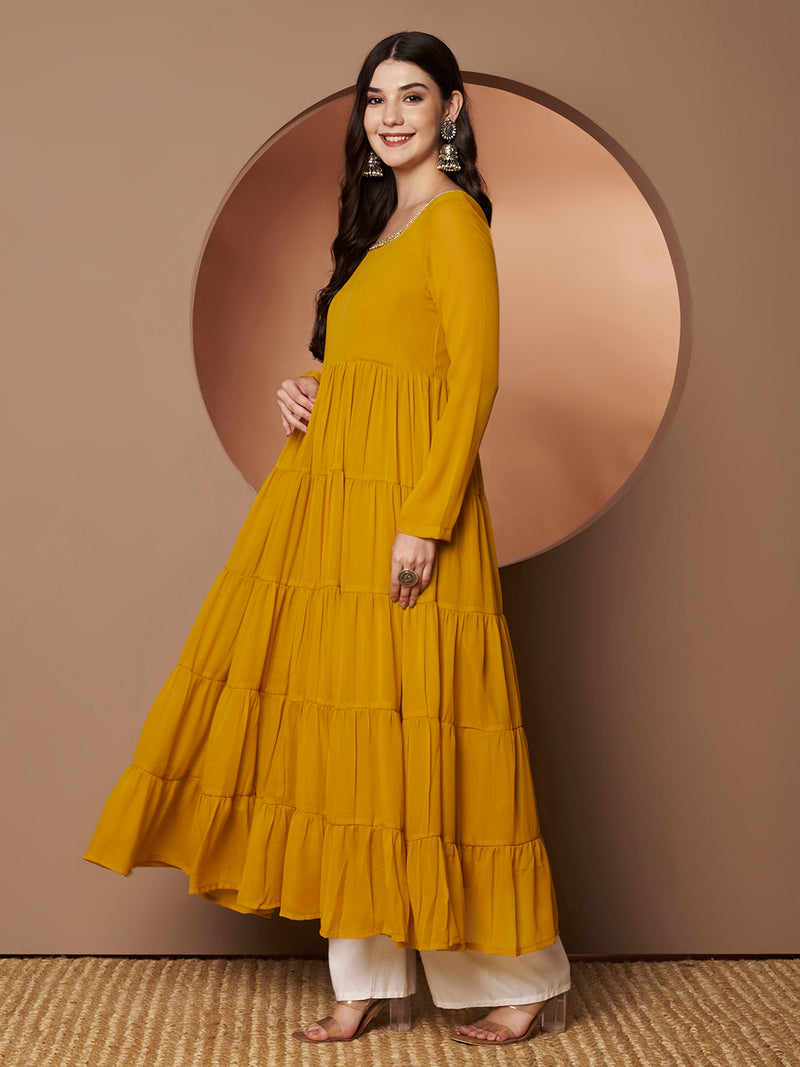 Poshak Hub Women Yellow Georgette Hand Embroidery Tiered Anarkali Kurta