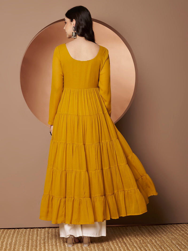 Poshak Hub Women Yellow Georgette Hand Embroidery Tiered Anarkali Kurta