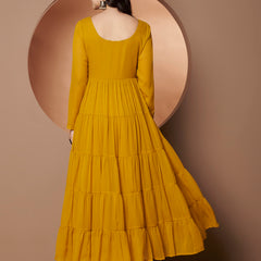 Poshak Hub Women Yellow Georgette Hand Embroidery Tiered Anarkali Kurta