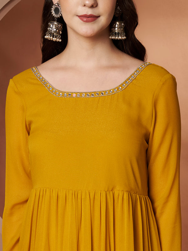 Poshak Hub Women Yellow Georgette Hand Embroidery Tiered Anarkali Kurta