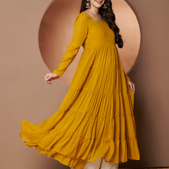 Poshak Hub Women Yellow Georgette Hand Embroidery Tiered Anarkali Kurta
