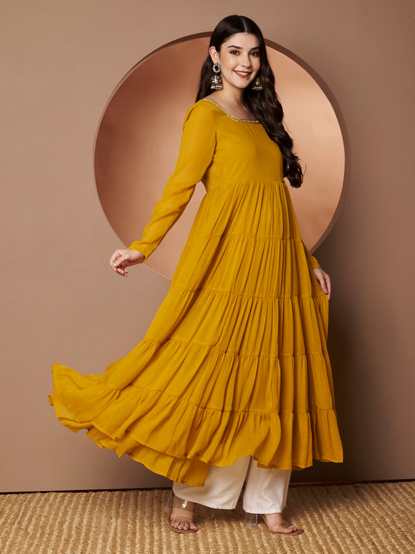 Poshak Hub Women Yellow Georgette Hand Embroidery Tiered Anarkali Kurta