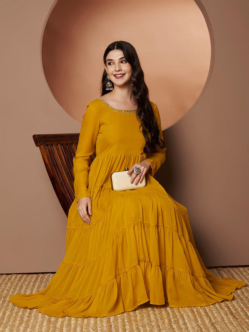 Poshak Hub Women Yellow Georgette Hand Embroidery Tiered Anarkali Kurta