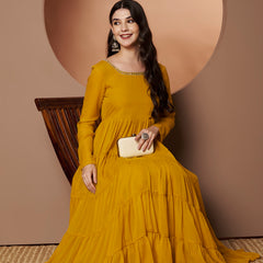 Poshak Hub Women Yellow Georgette Hand Embroidery Tiered Anarkali Kurta