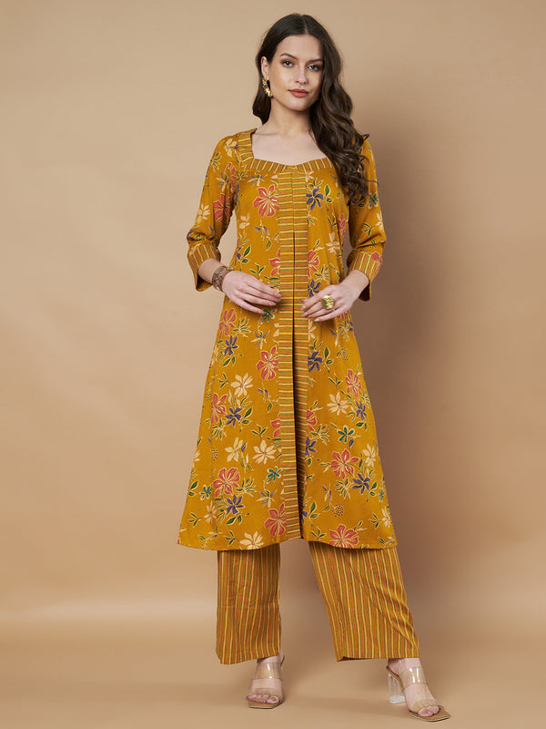 Poshak Hub Women Rayon Yellow FrontSlit A-Line Kurta and Palazzo
