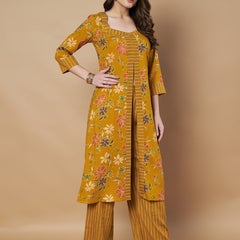Poshak Hub Women Rayon Yellow FrontSlit A-Line Kurta and Palazzo
