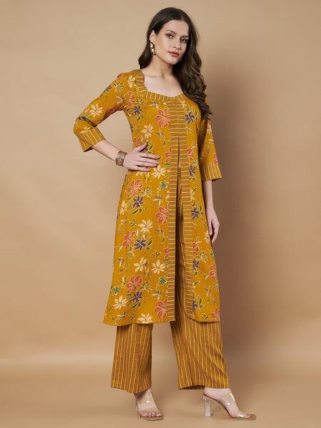 Poshak Hub Women Rayon Yellow FrontSlit A-Line Kurta and Palazzo