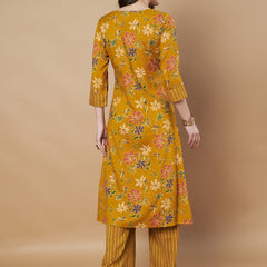 Poshak Hub Women Rayon Yellow FrontSlit A-Line Kurta and Palazzo