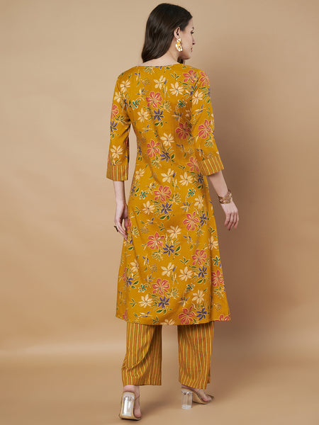 Poshak Hub Women Rayon Yellow FrontSlit A-Line Kurta and Palazzo