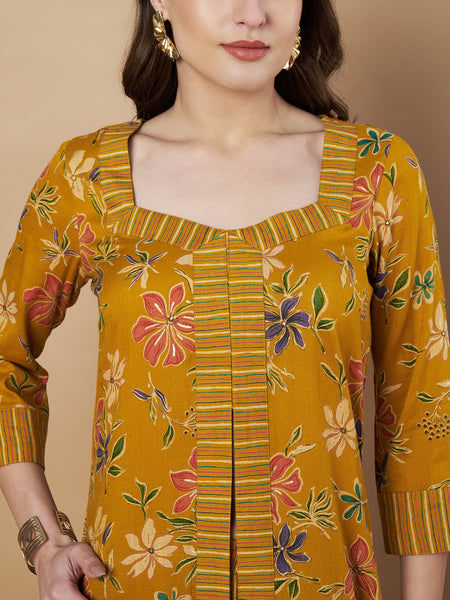 Poshak Hub Women Rayon Yellow FrontSlit A-Line Kurta and Palazzo