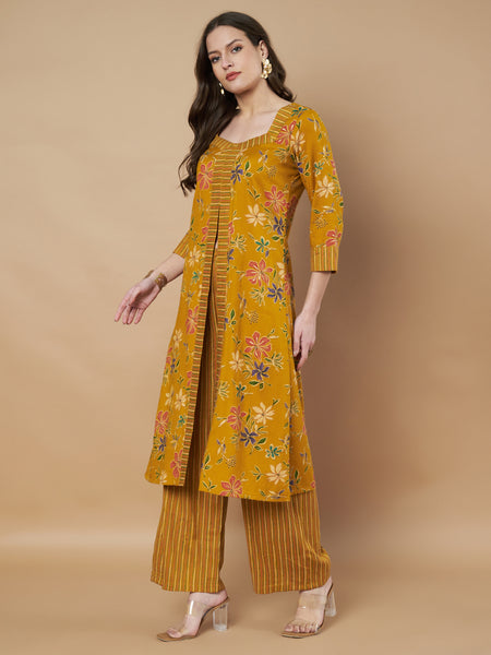 Poshak Hub Women Rayon Yellow FrontSlit A-Line Kurta and Palazzo
