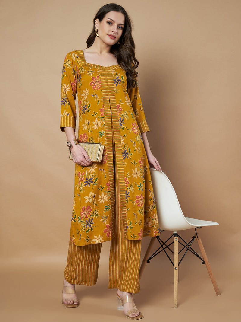 Poshak Hub Women Rayon Yellow FrontSlit A-Line Kurta and Palazzo