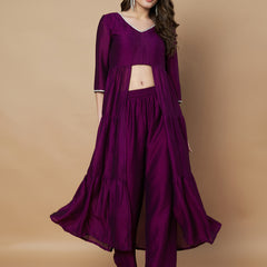 Poshak Hub Women Purple hand Embroidery Frontslit A-Line Kurta with Palazzo