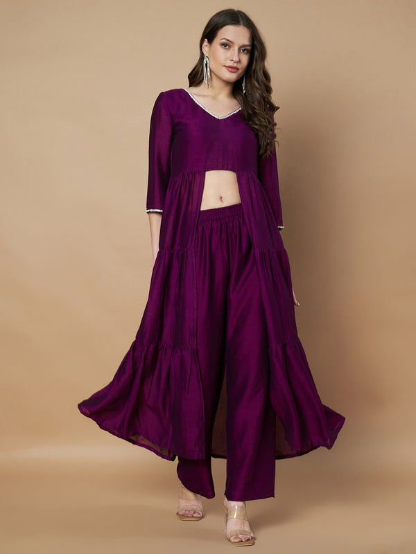 Poshak Hub Women Purple hand Embroidery Frontslit A-Line Kurta with Palazzo