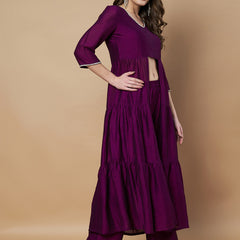 Poshak Hub Women Purple hand Embroidery Frontslit A-Line Kurta with Palazzo